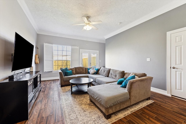 living room featuring french doors, dark hardwood / wood-style flooring, ceiling fan, a textured ceiling, and crown molding