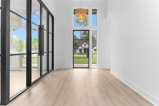 19918 Live Oak Bnd, Magnolia, TX 77355 - spare room with a high ceiling, baseboards, a chandelier, and light wood-type flooring