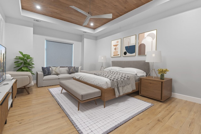 bedroom featuring a tray ceiling, wooden ceiling, and light hardwood / wood-style flooring