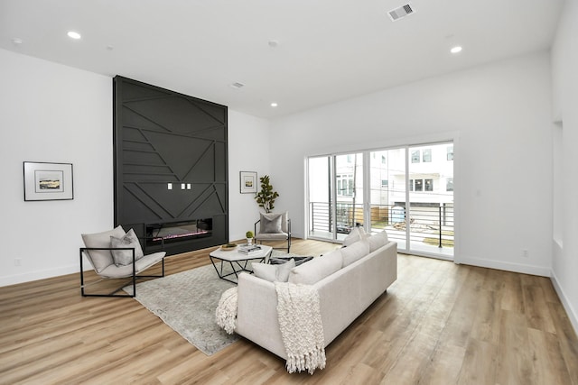 living room featuring light hardwood / wood-style floors and a fireplace