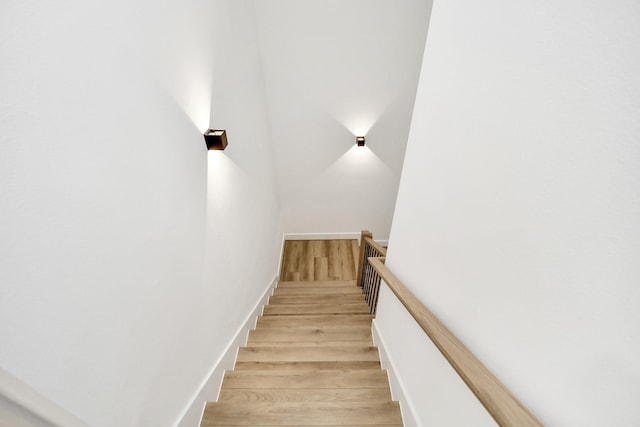 staircase with hardwood / wood-style floors