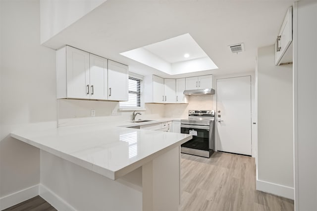 kitchen with white cabinets, visible vents, under cabinet range hood, and stainless steel electric stove