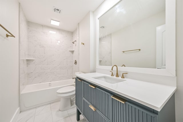 full bathroom with shower / bath combination, visible vents, toilet, marble finish floor, and vanity