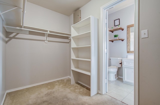 walk in closet featuring light carpet