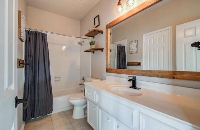 full bathroom with tile patterned floors, toilet, vanity, and shower / bathtub combination with curtain