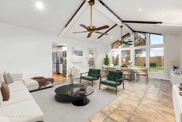 living room featuring high vaulted ceiling and beamed ceiling