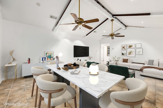 dining area featuring high vaulted ceiling, ceiling fan, and beam ceiling