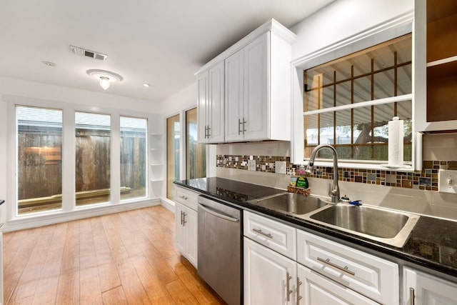 kitchen featuring white cabinets, light hardwood / wood-style flooring, dishwasher, and sink