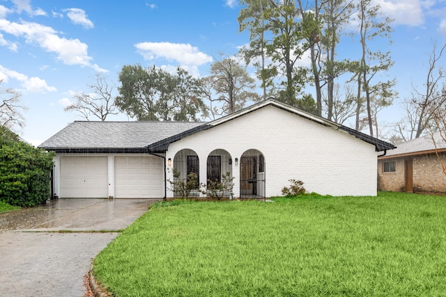 ranch-style home with a front yard and a garage