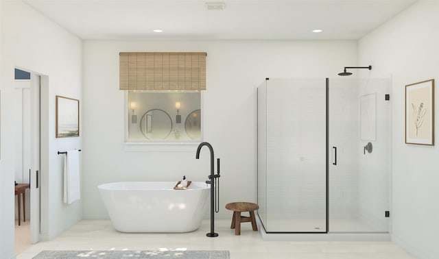 122 Luther Dean Ln, New Waverly, TX 77358 - bathroom featuring a stall shower, a soaking tub, and recessed lighting