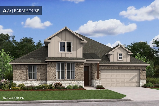 view of front of property with a garage, driveway, brick siding, and a shingled roof