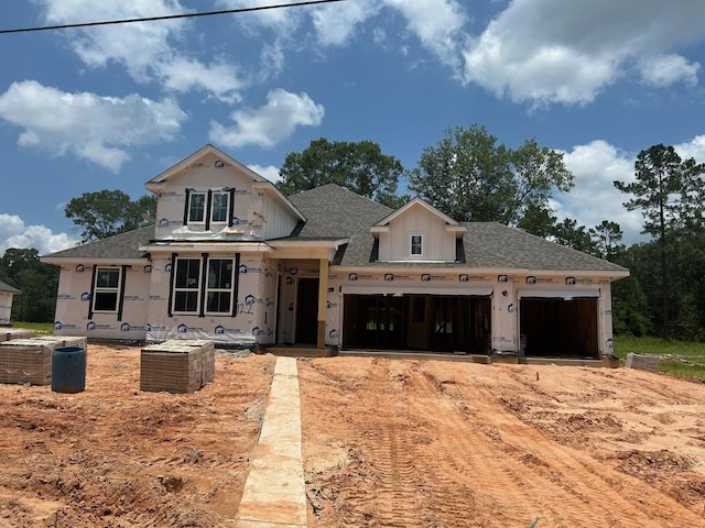 122 Luther Dean Ln, New Waverly, TX 77358 - property in mid-construction featuring a shingled roof, a garage, and dirt driveway