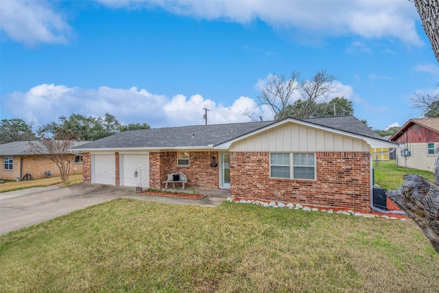 ranch-style home featuring a garage and a front yard