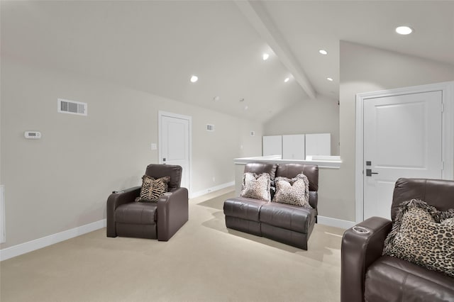 living room featuring lofted ceiling with beams, baseboards, visible vents, and light colored carpet