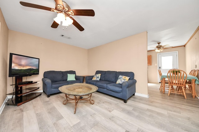 living room featuring crown molding, baseboards, visible vents, and light wood finished floors