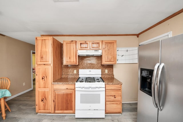 kitchen featuring tasteful backsplash, gas range gas stove, under cabinet range hood, light wood-type flooring, and stainless steel fridge