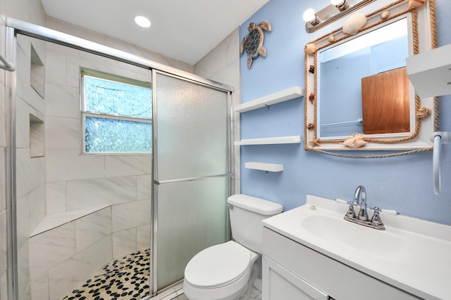 bathroom with vanity, toilet, and a shower stall