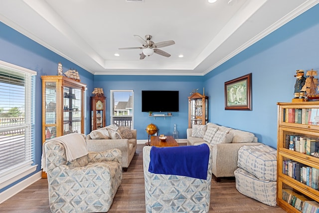 living room with dark hardwood / wood-style flooring, ceiling fan, and a raised ceiling