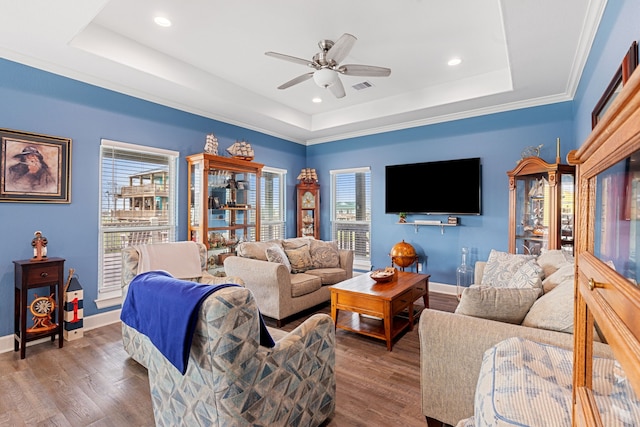 living room with a tray ceiling, dark hardwood / wood-style flooring, and a wealth of natural light