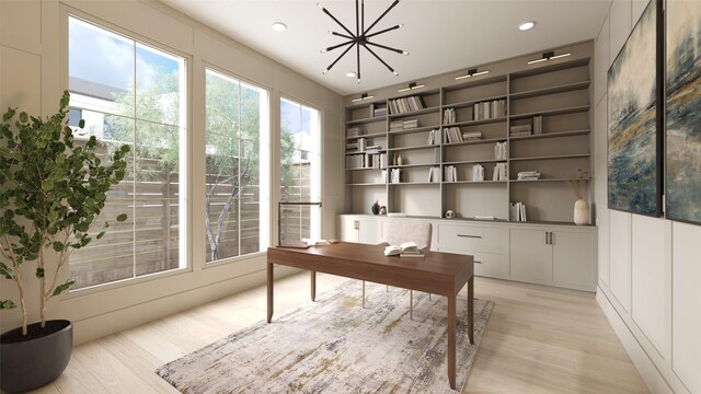 2002 Park St, Houston, TX 77019 - office area featuring light wood finished floors, a chandelier, built in features, and recessed lighting