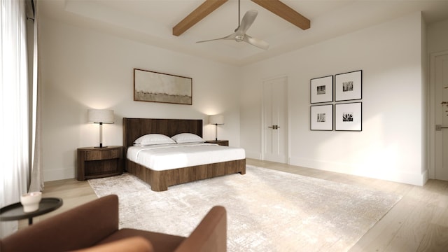 bedroom with light hardwood / wood-style flooring, ceiling fan, and beam ceiling