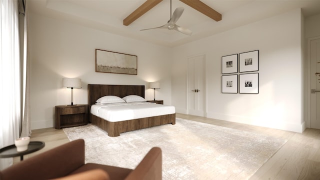 2002 Park St, Houston, TX 77019 - bedroom with beam ceiling, light wood-style floors, a ceiling fan, and baseboards
