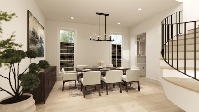 2002 Park St, Houston, TX 77019 - dining room featuring stairs, a chandelier, light wood-type flooring, and recessed lighting