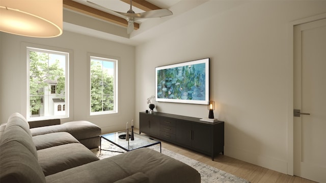 living room with ceiling fan and light hardwood / wood-style flooring