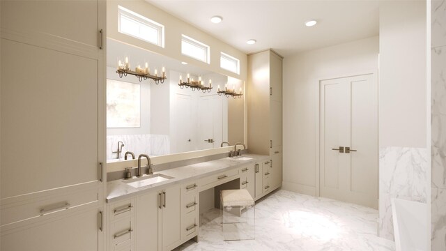 2002 Park St, Houston, TX 77019 - full bath featuring double vanity, marble finish floors, a tub to relax in, and recessed lighting