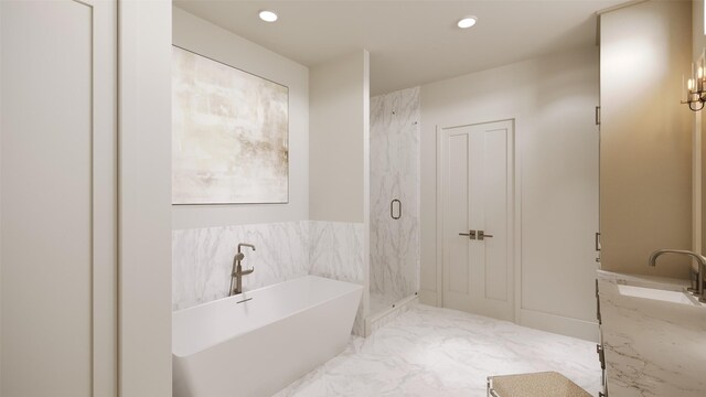 2002 Park St, Houston, TX 77019 - full bath with a freestanding bath, recessed lighting, marble finish flooring, vanity, and a marble finish shower