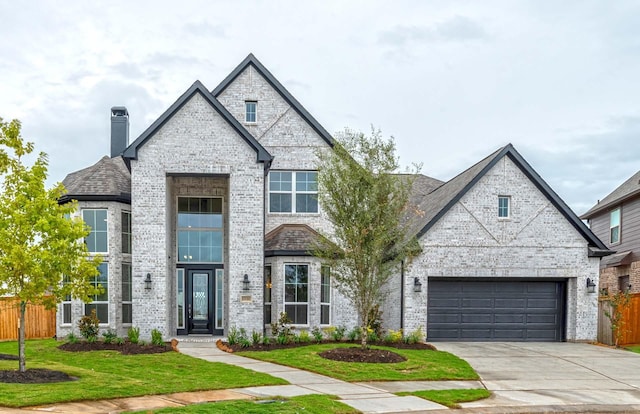 view of front facade with a front lawn and a garage