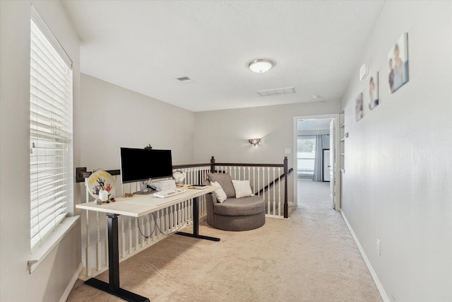 home office with light colored carpet