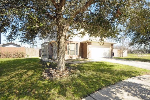 single story home featuring a garage, brick siding, fence, concrete driveway, and a front lawn