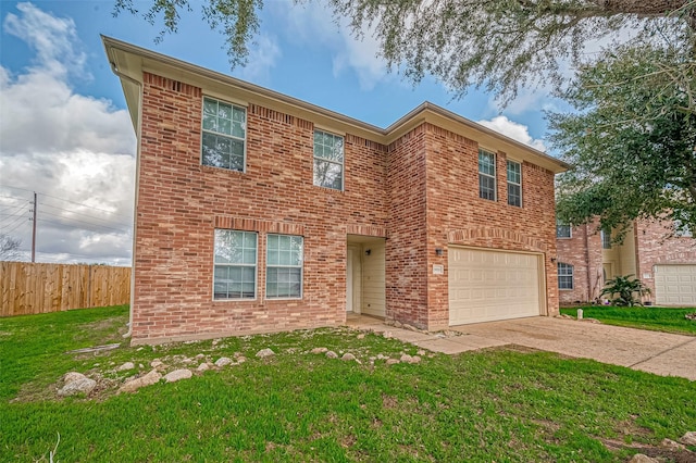 view of front of property featuring a front yard, concrete driveway, brick siding, and fence