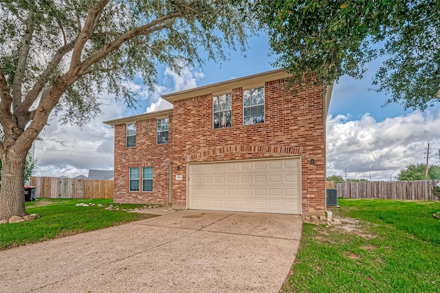 traditional-style house featuring brick siding, a front lawn, and fence