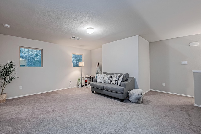 sitting room featuring carpet flooring and a textured ceiling