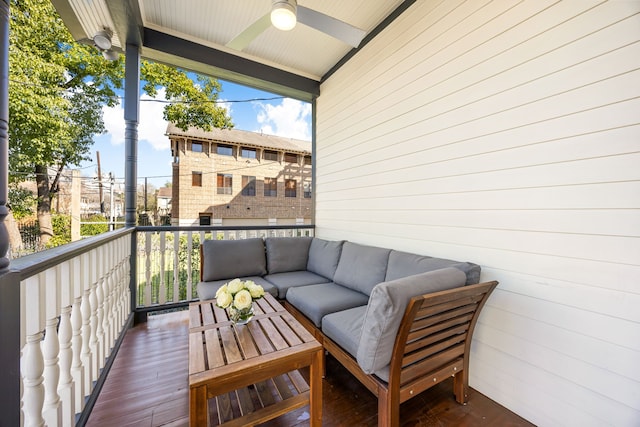 balcony featuring a ceiling fan and outdoor lounge area