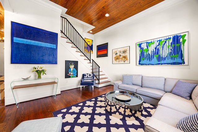 living room featuring wooden ceiling, dark wood-type flooring, baseboards, stairs, and crown molding