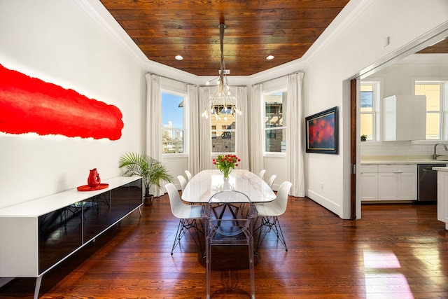 dining space with a notable chandelier, dark wood finished floors, ornamental molding, wood ceiling, and baseboards