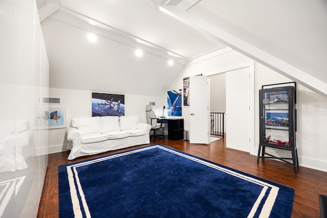 unfurnished bedroom featuring dark wood-style floors, visible vents, vaulted ceiling with beams, and baseboards