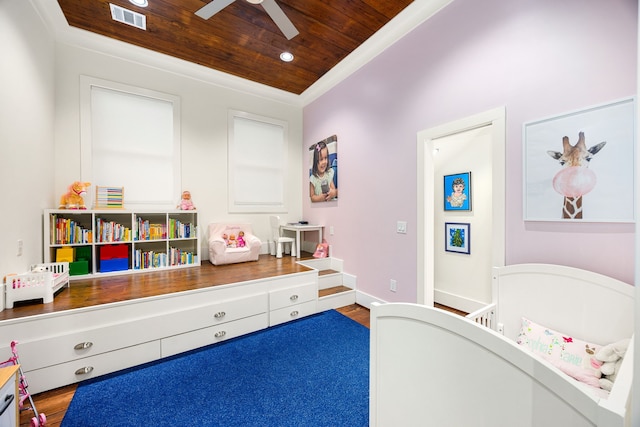 bedroom with visible vents, wooden ceiling, wood finished floors, crown molding, and recessed lighting