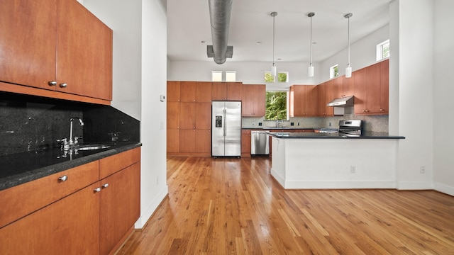 kitchen featuring pendant lighting, stainless steel appliances, light hardwood / wood-style flooring, and sink