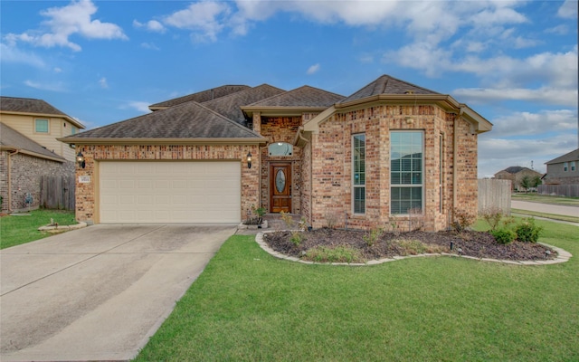 view of front facade featuring a garage, concrete driveway, brick siding, and a front lawn