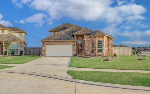 view of front facade featuring a garage, a front yard, concrete driveway, and fence