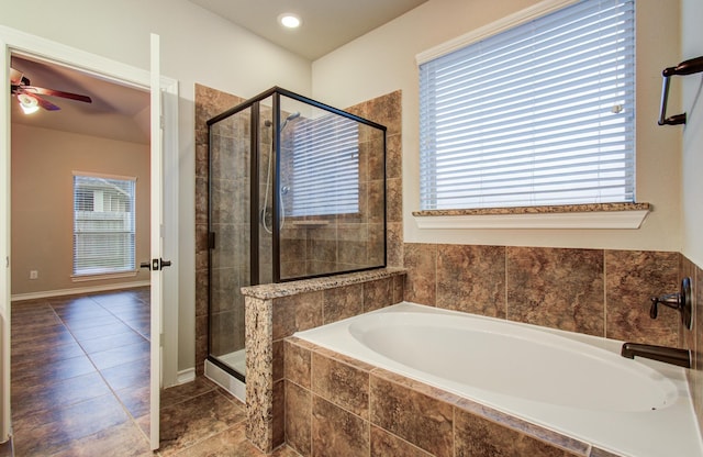 full bath featuring a shower stall, a bath, and tile patterned floors