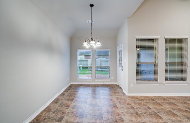 interior space featuring an inviting chandelier, visible vents, baseboards, and vaulted ceiling