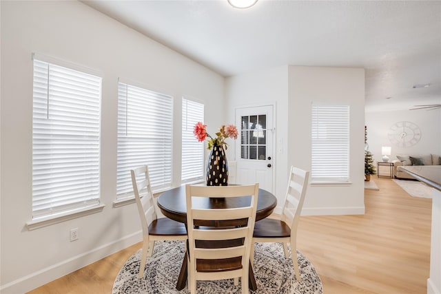 dining area with ceiling fan and light hardwood / wood-style floors