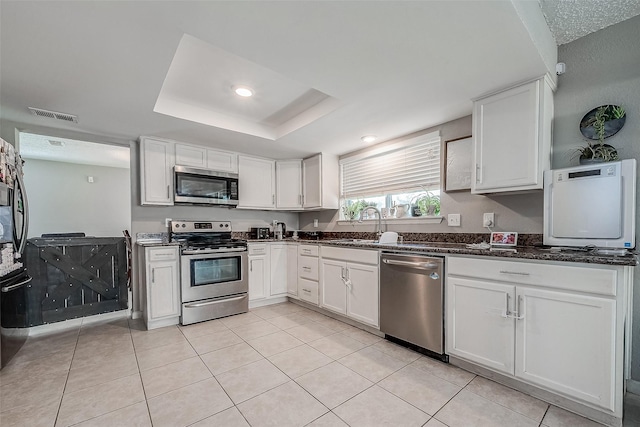 8619 Quail Burg Ln, Houston, TX 77489 - kitchen featuring stainless steel appliances, a raised ceiling, and white cabinetry