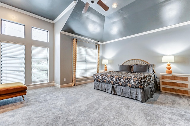 carpeted bedroom featuring a towering ceiling, crown molding, and ceiling fan