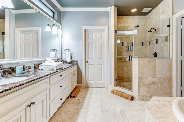 bathroom with plus walk in shower, crown molding, tile patterned flooring, and vanity